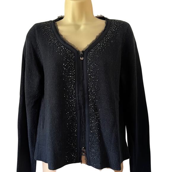 Martin & Osa Dark Navy Blue Beaded Zip Front Cardigan Sweater - Picture 1 of 10